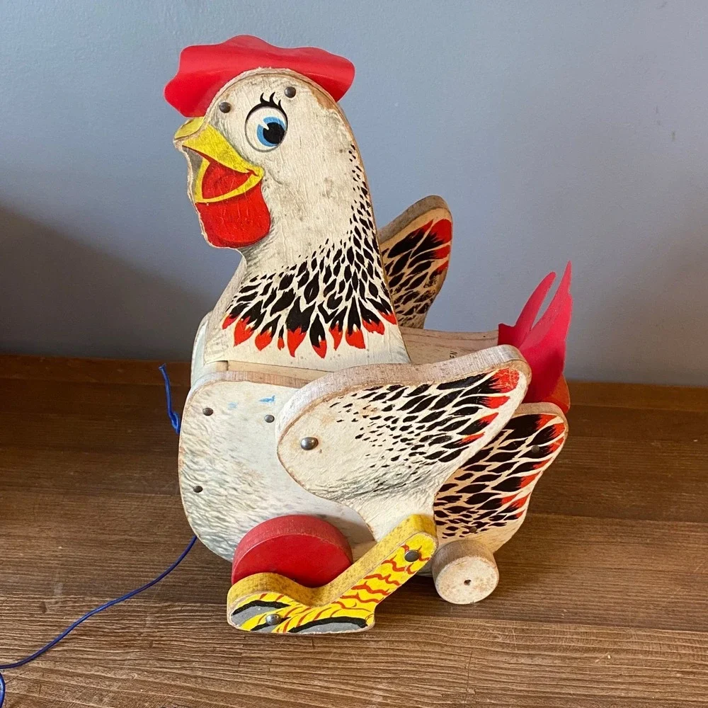 Vintage Fisher Price The Cackling Hen 120 Wooden Pull Toy with Original Box